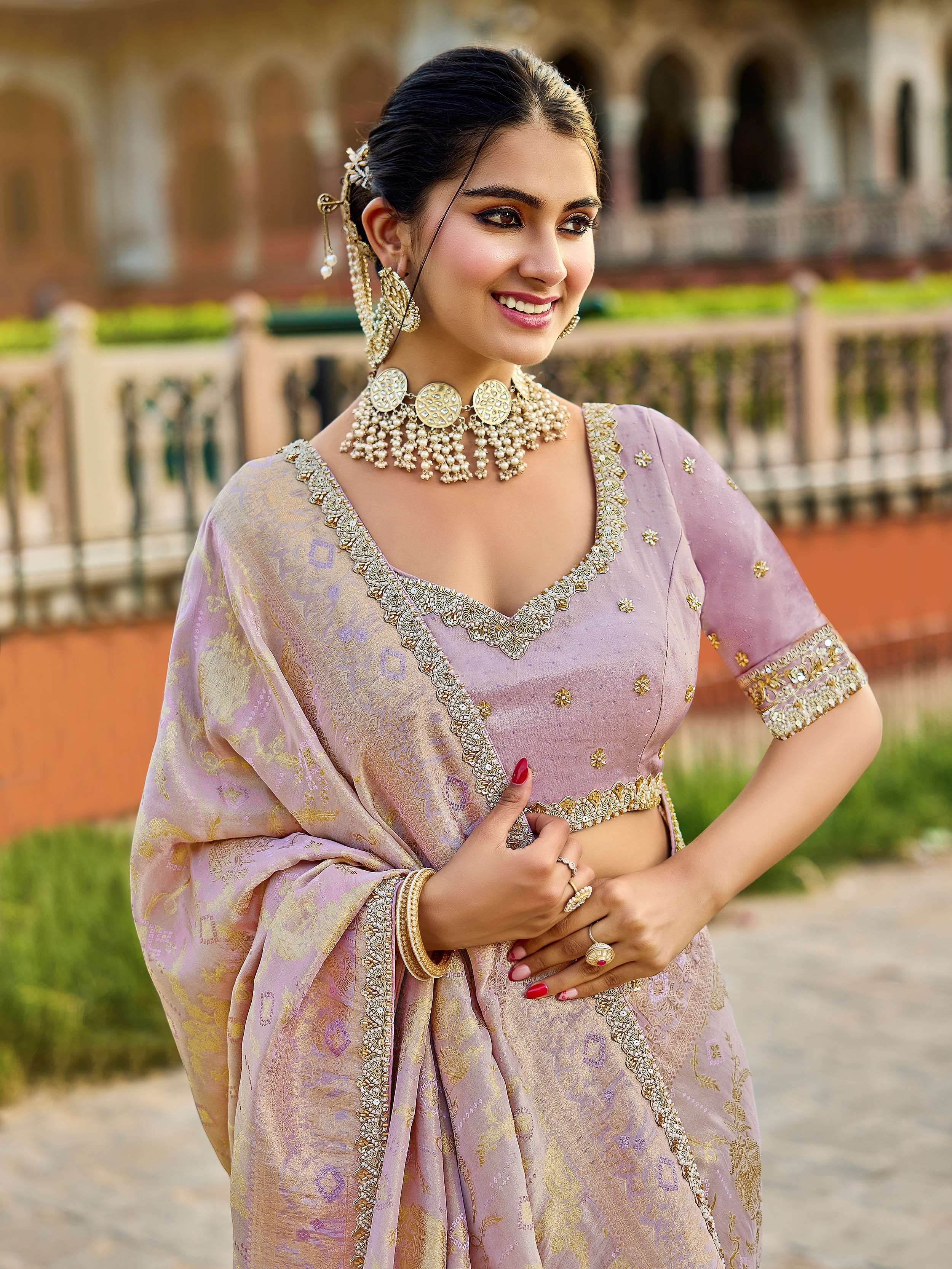 Classic Lavender Zari Weaving Tissue Wedding Wear Saree With Blouse