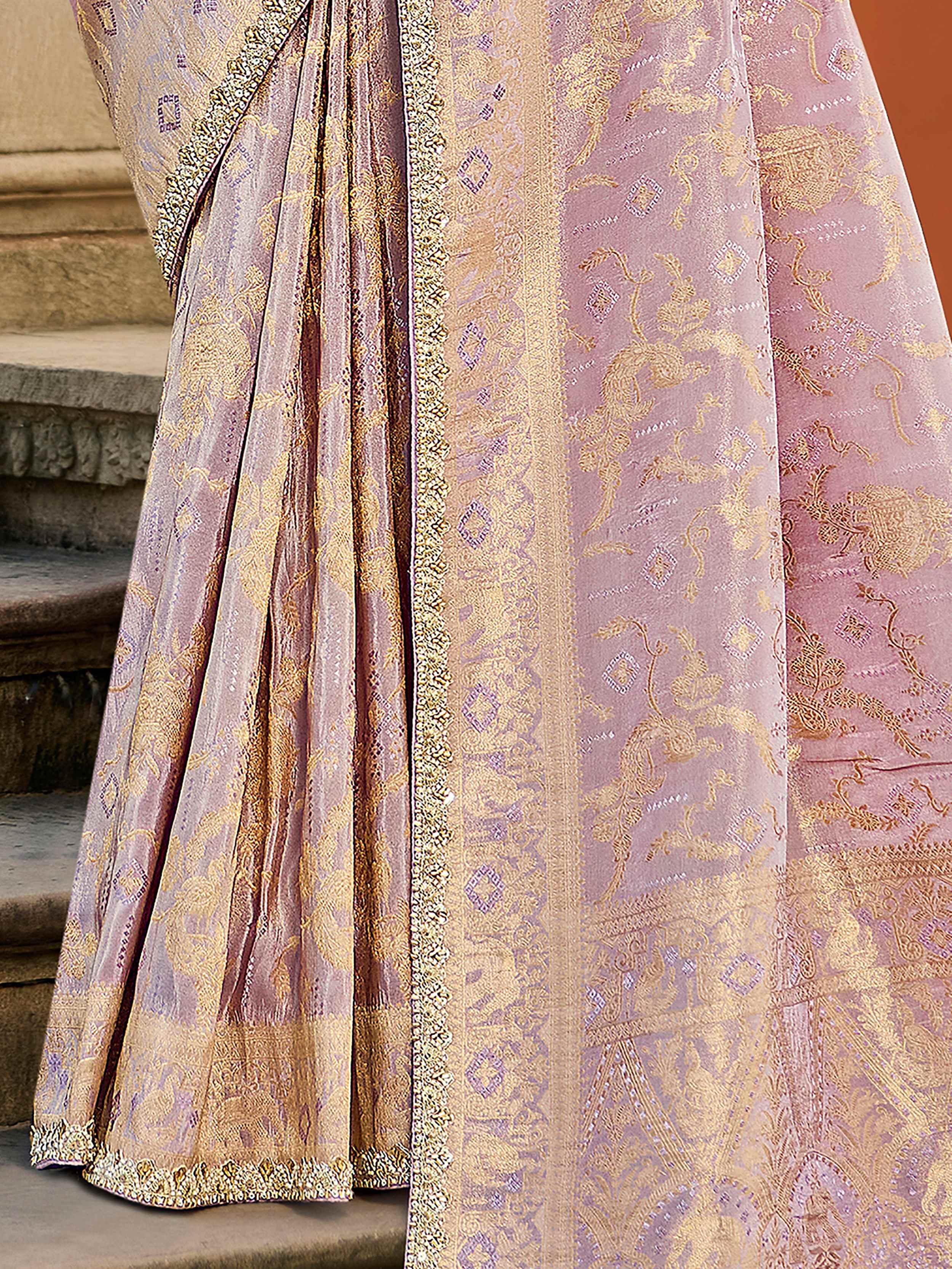 Classic Lavender Zari Weaving Tissue Wedding Wear Saree With Blouse