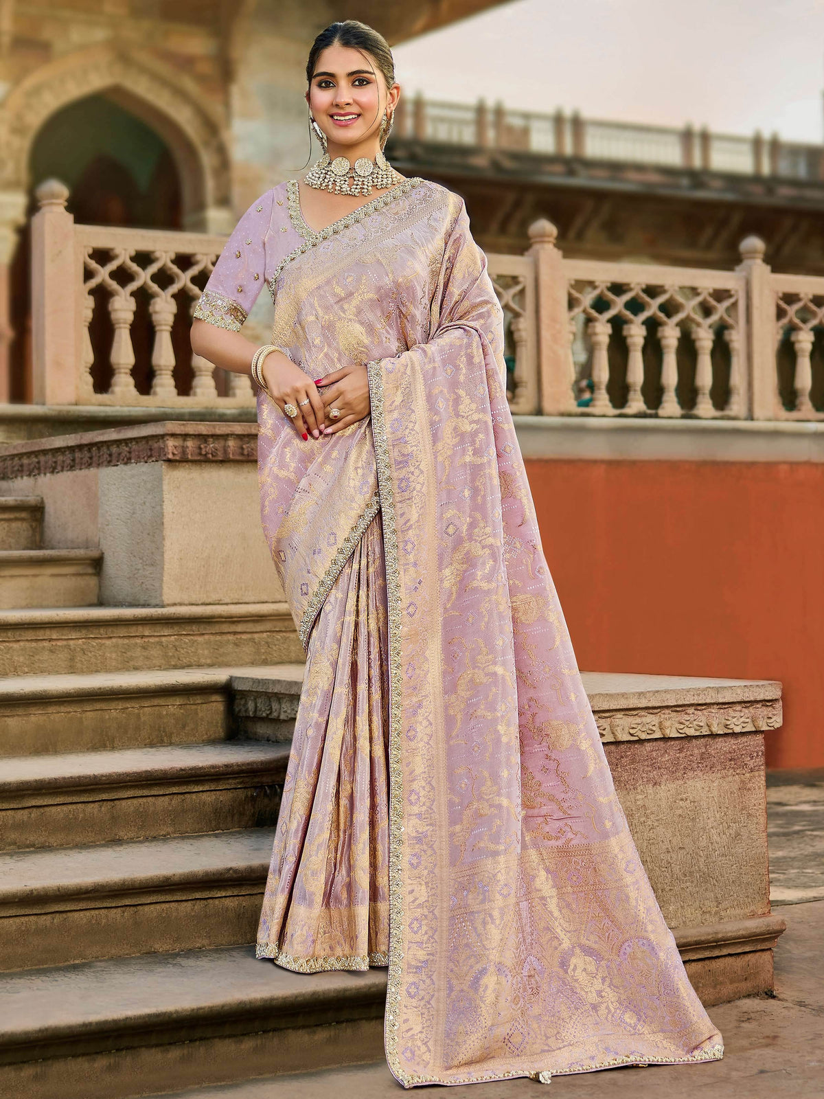 Classic Lavender Zari Weaving Tissue Wedding Wear Saree With Blouse