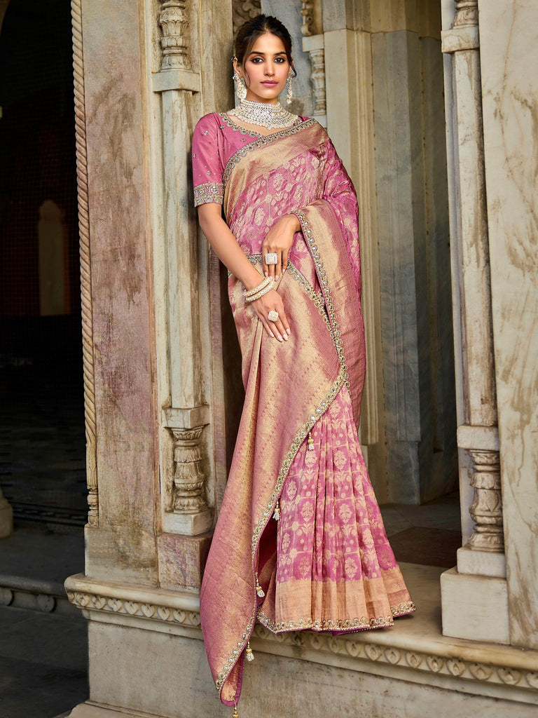 Amazing Pink Zari Weaving Tissue Wedding Wear Saree With Blouse