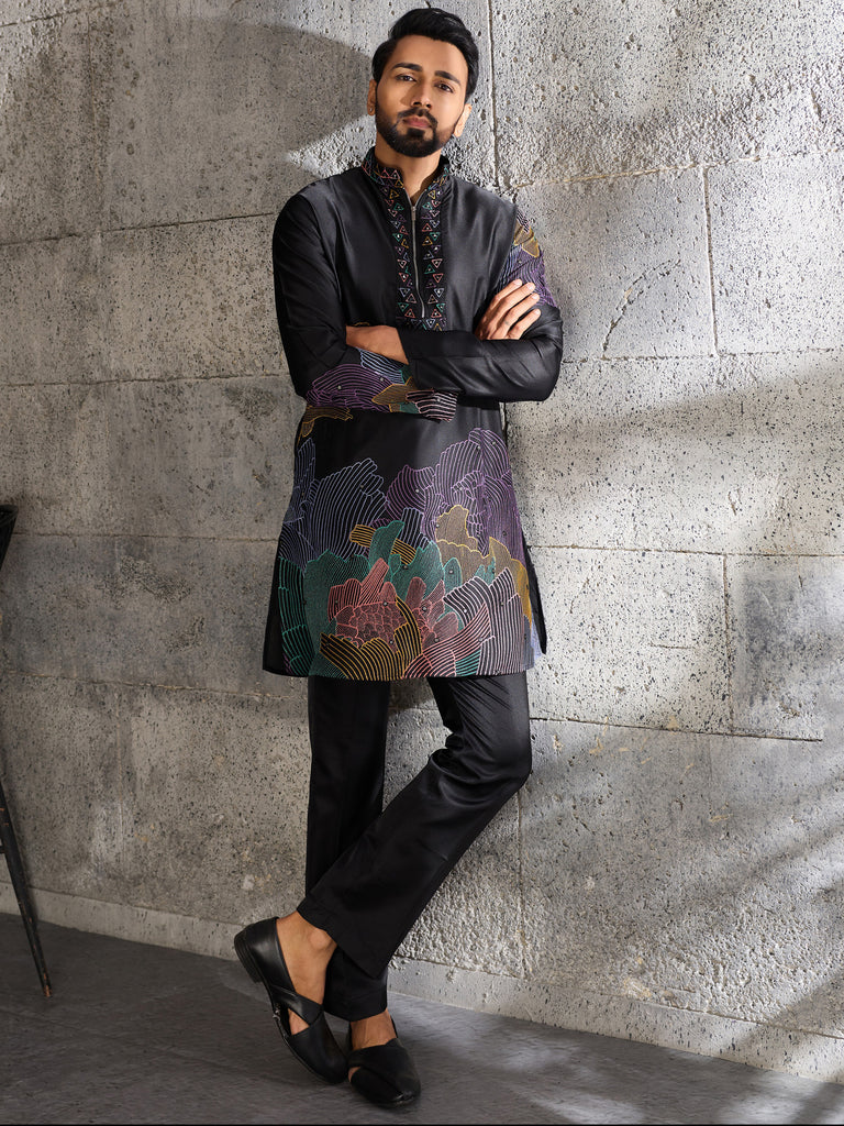 Unique Black Sequins Viscose Evening Wear Men's Kurta With Bottom