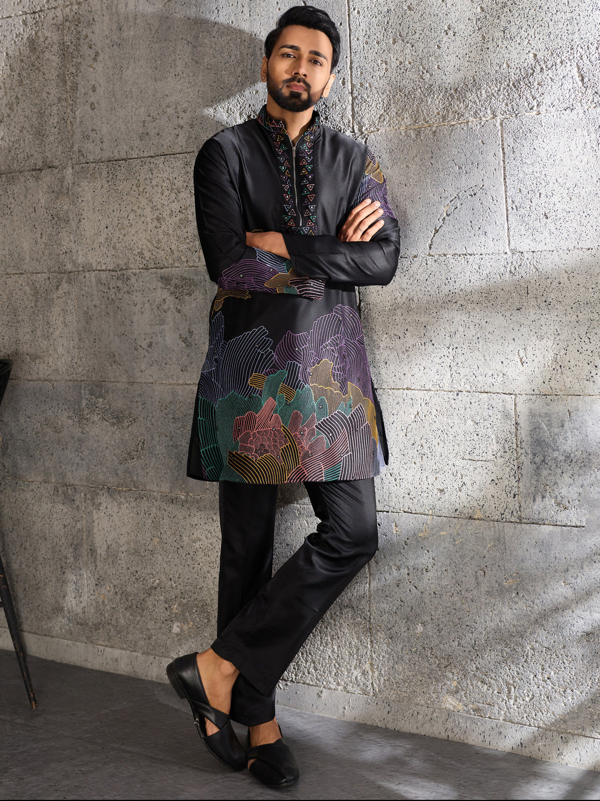 Unique Black Sequins Viscose Evening Wear Men's Kurta With Bottom