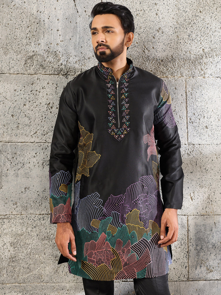 Unique Black Sequins Viscose Evening Wear Men's Kurta With Bottom