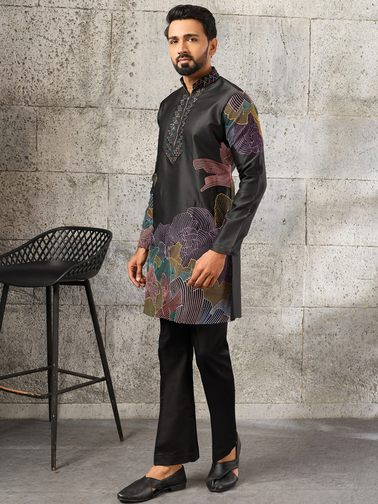 Unique Black Sequins Viscose Evening Wear Men's Kurta With Bottom