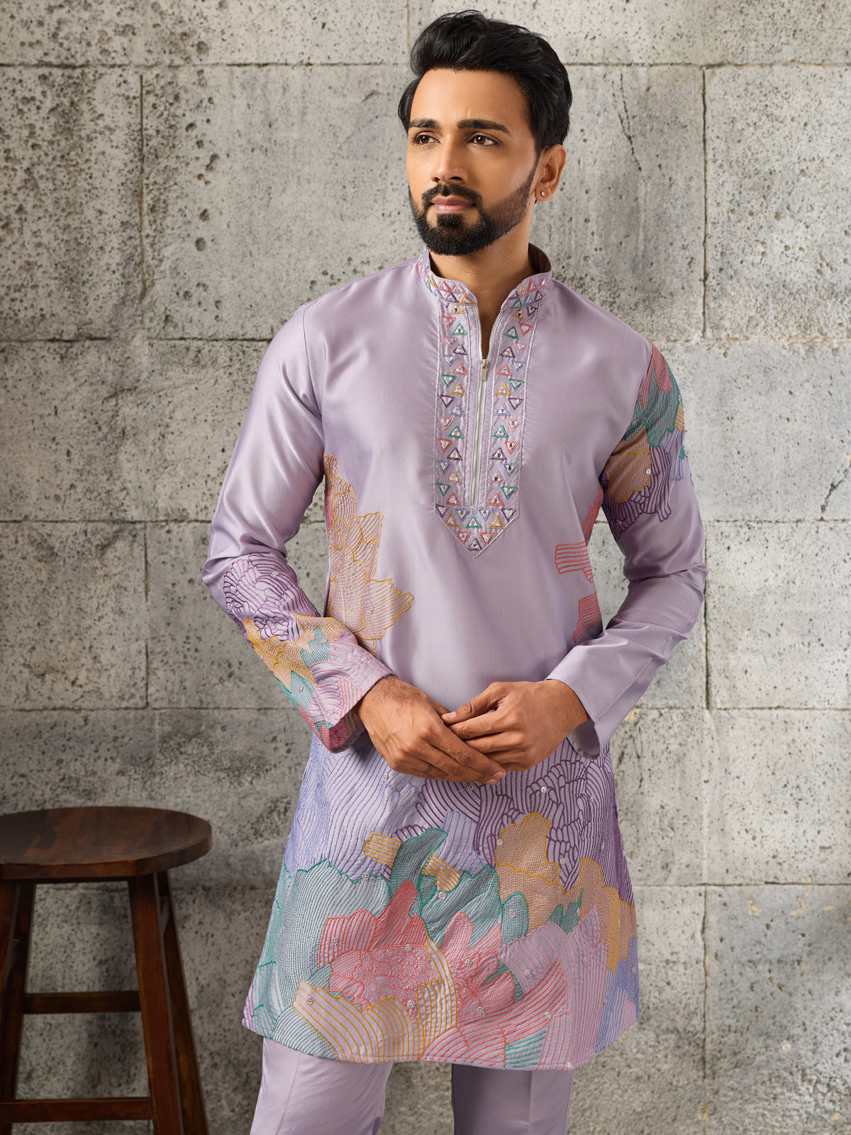 Amazing Lavender Thread Work Viscose Festive Wear Men's Kurta With Bottom