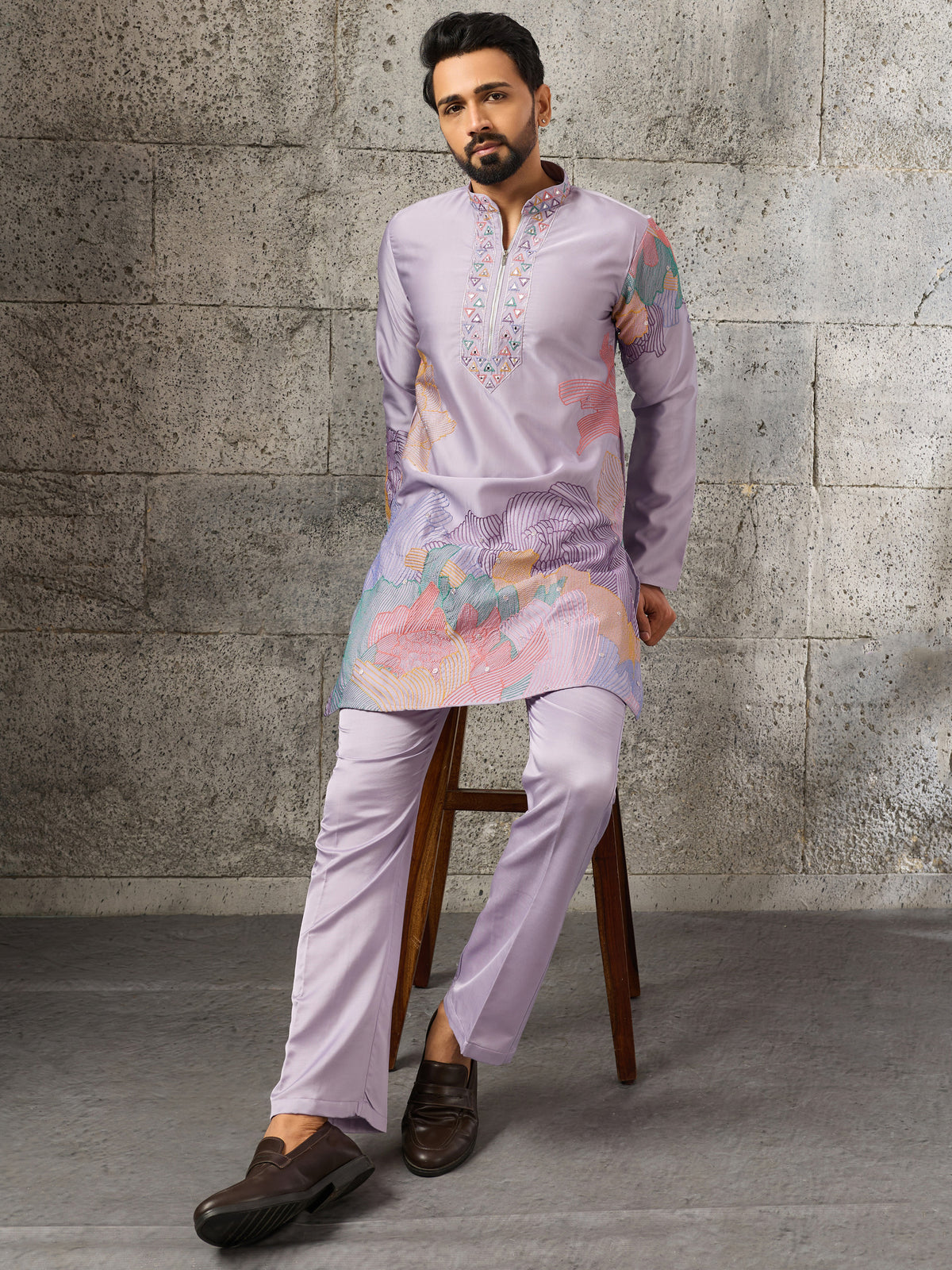Amazing Lavender Thread Work Viscose Festive Wear Men's Kurta With Bottom