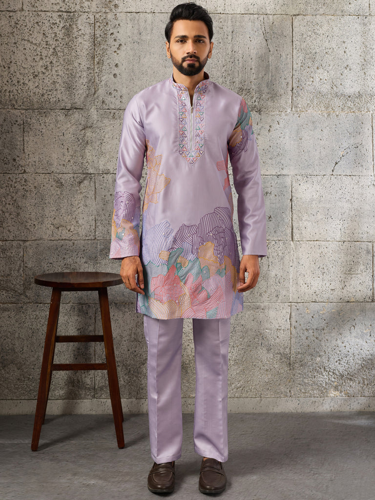Amazing Lavender Thread Work Viscose Festive Wear Men's Kurta With Bottom