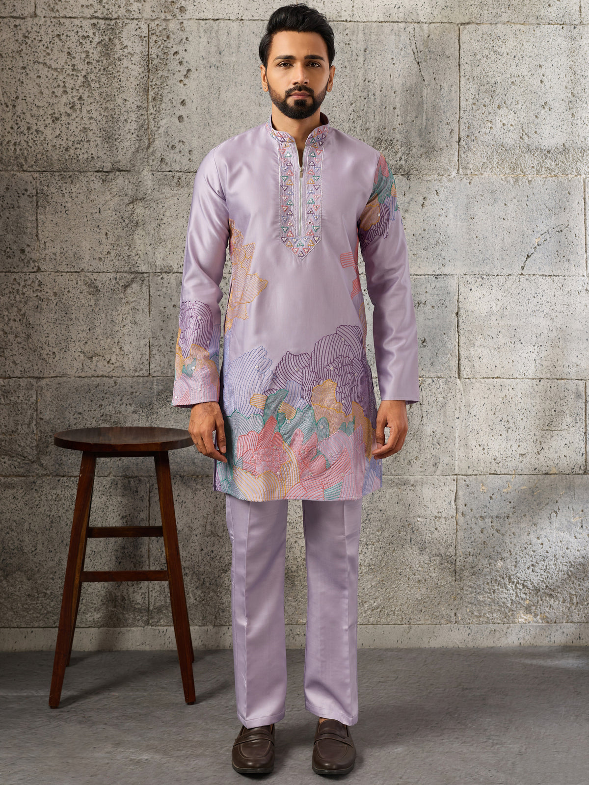 Amazing Lavender Thread Work Viscose Festive Wear Men's Kurta With Bottom