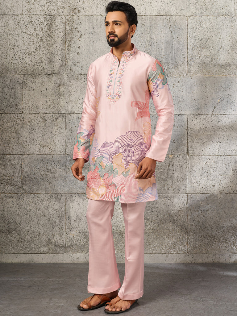 Fantastic Pink Embroidered Engagement Wear Men's Kurta With Bottom