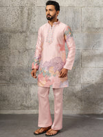 Fantastic Pink Embroidered Engagement Wear Men's Kurta With Bottom