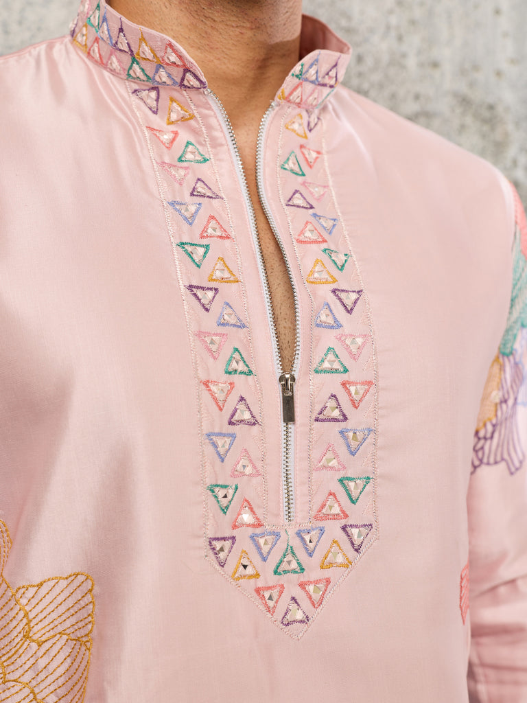 Fantastic Pink Embroidered Engagement Wear Men's Kurta With Bottom