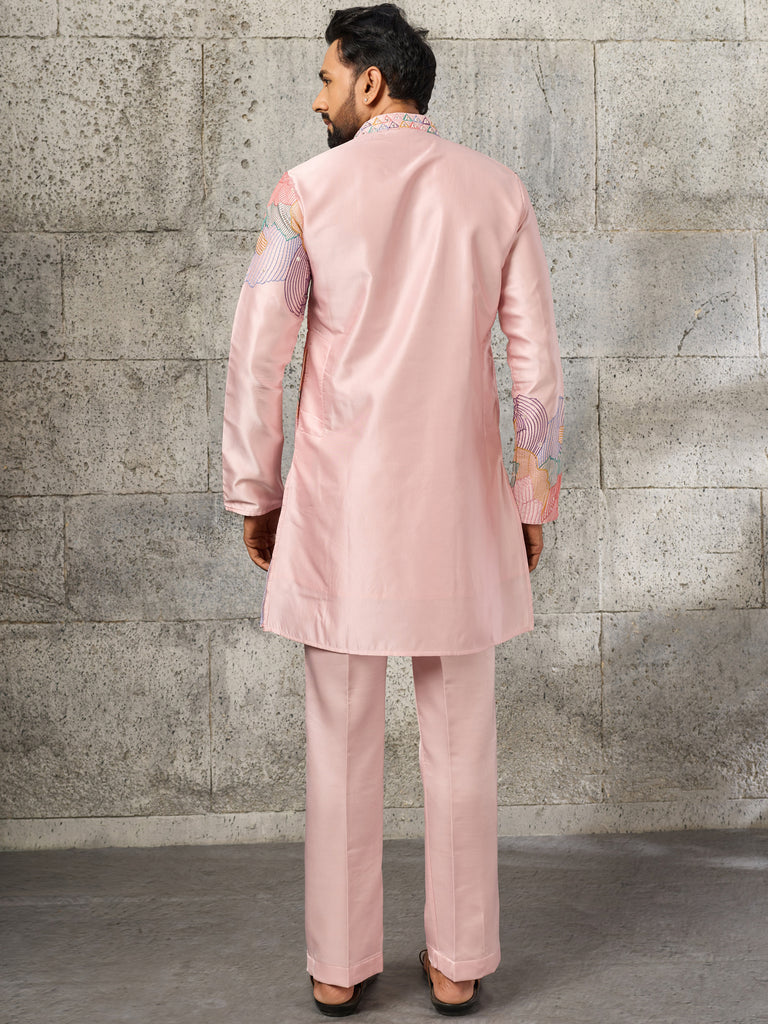 Fantastic Pink Embroidered Engagement Wear Men's Kurta With Bottom