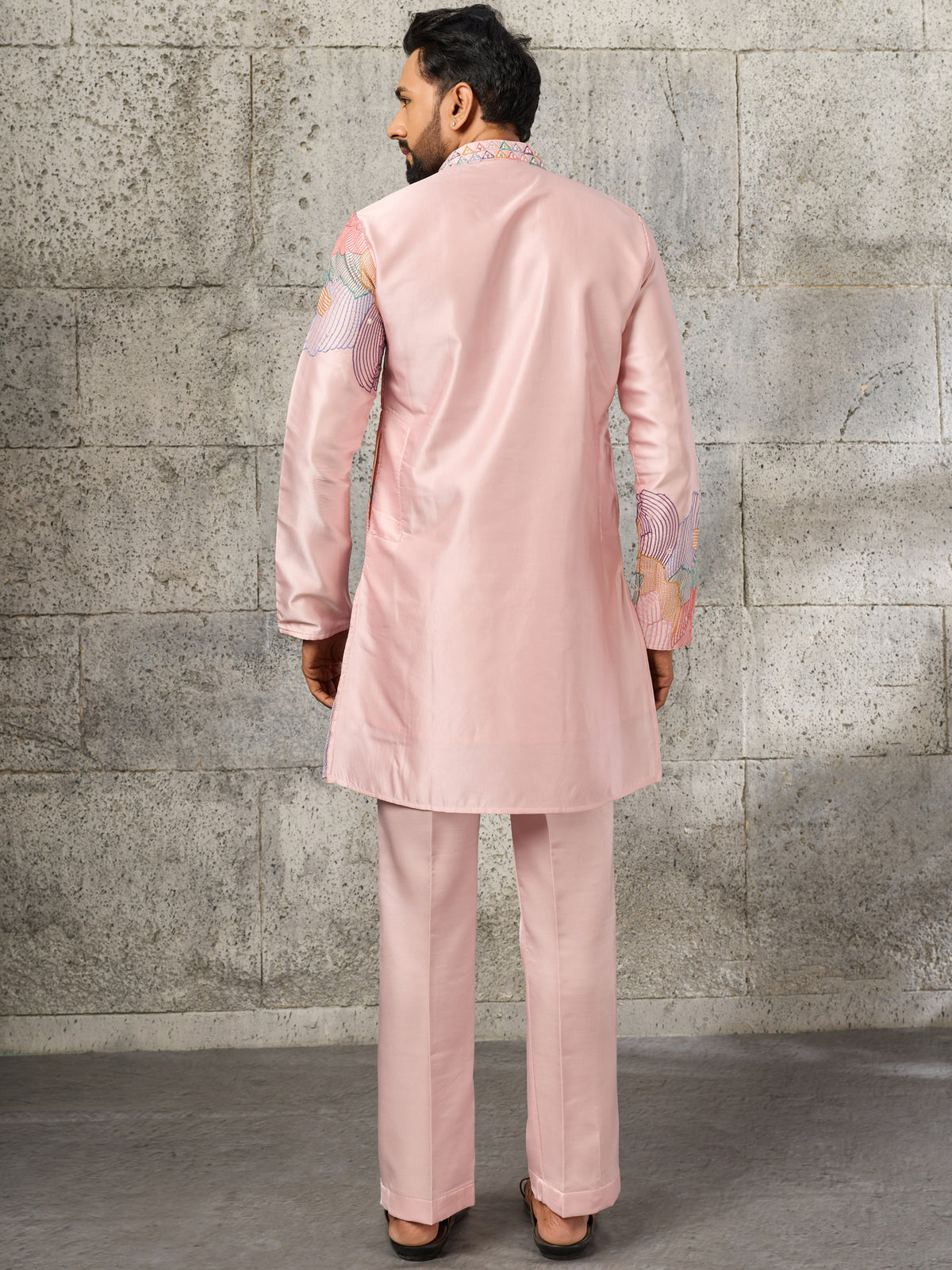 Fantastic Pink Embroidered Engagement Wear Men's Kurta With Bottom