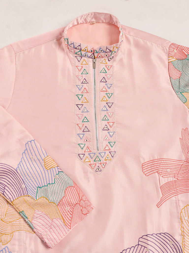 Fantastic Pink Embroidered Engagement Wear Men's Kurta With Bottom