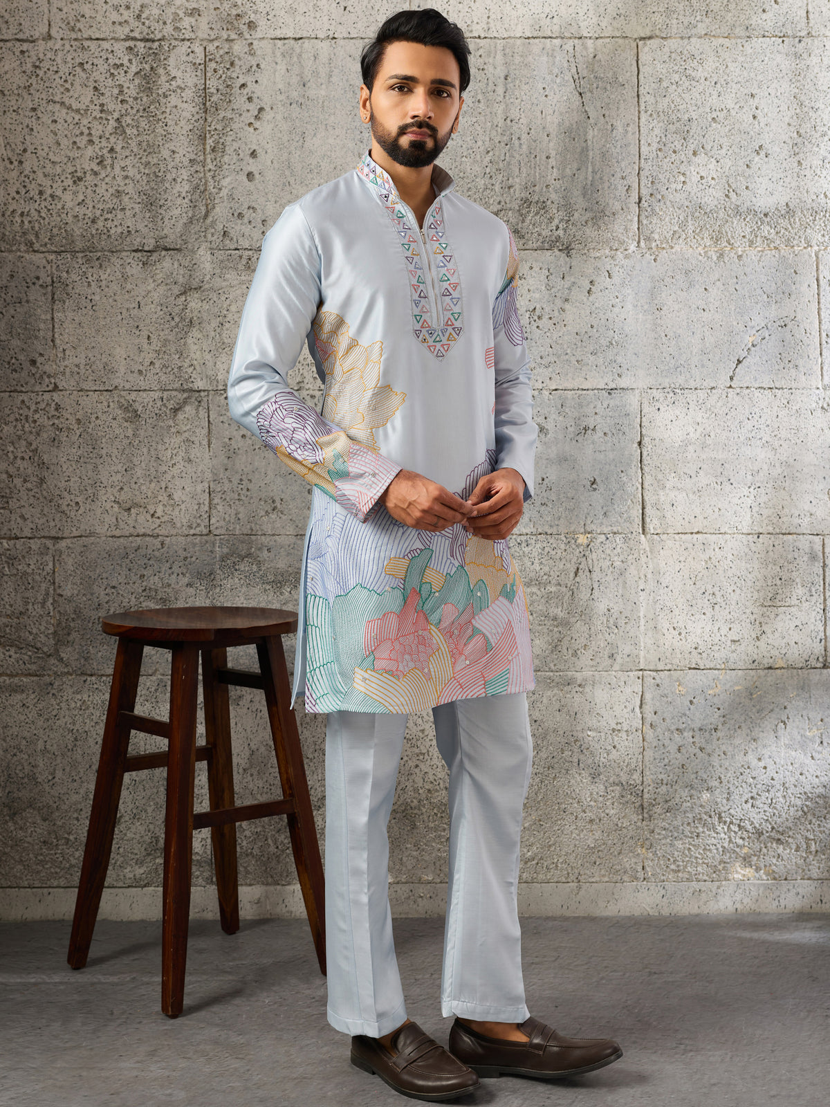 Glorious Sky Blue Sequins Viscose Traditional Men's Kurta With Bottom