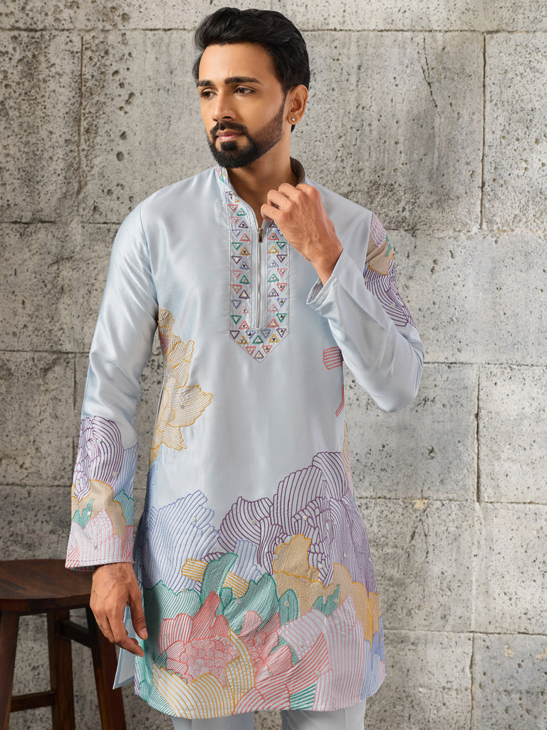Glorious Sky Blue Sequins Viscose Traditional Men's Kurta With Bottom