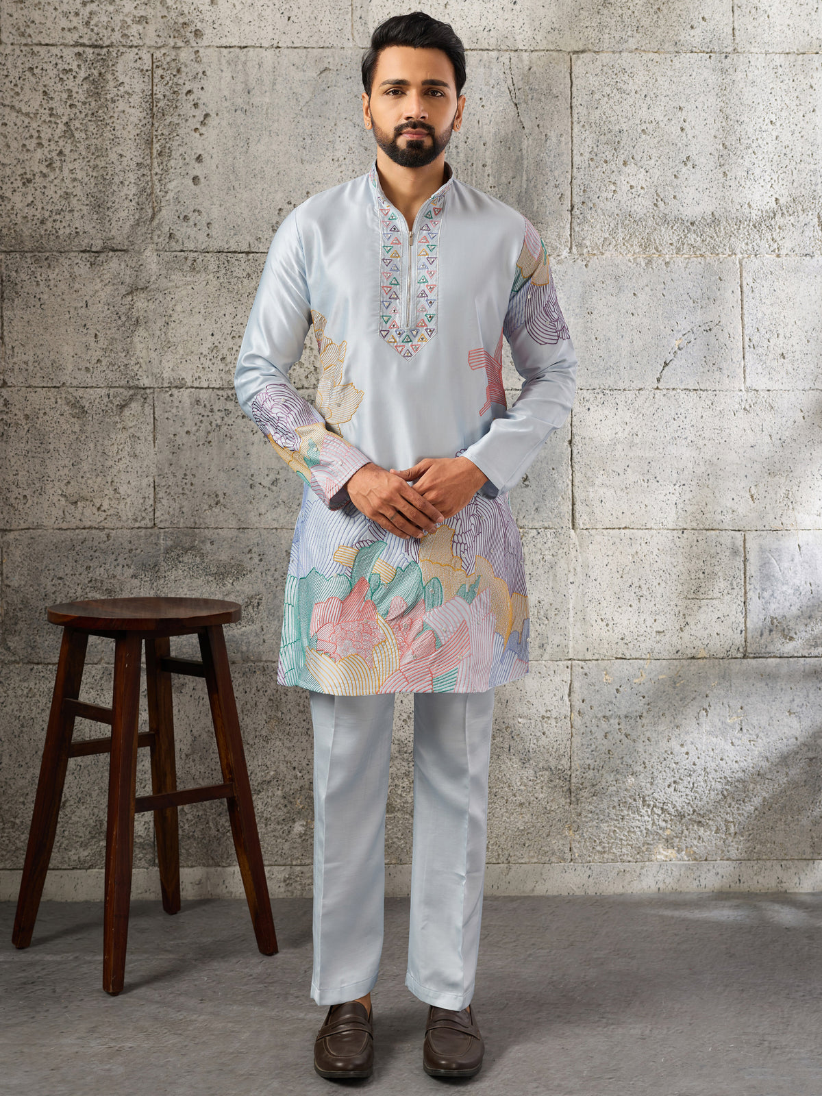 Glorious Sky Blue Sequins Viscose Traditional Men's Kurta With Bottom