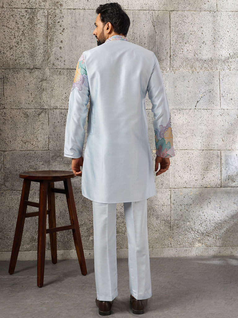 Glorious Sky Blue Sequins Viscose Traditional Men's Kurta With Bottom