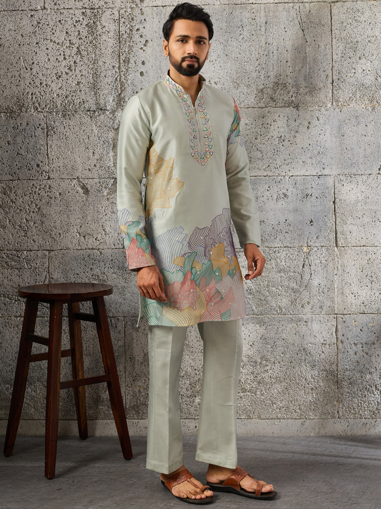 Stunning Pista Green Thread Work Mehendi Wear Men's Kurta With Bottom