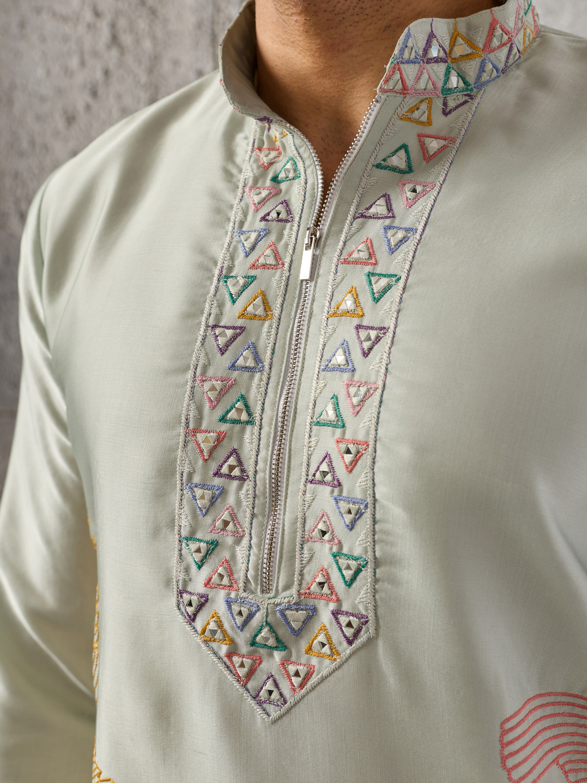 Stunning Pista Green Thread Work Mehendi Wear Men's Kurta With Bottom