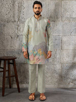 Stunning Pista Green Thread Work Mehendi Wear Men's Kurta With Bottom