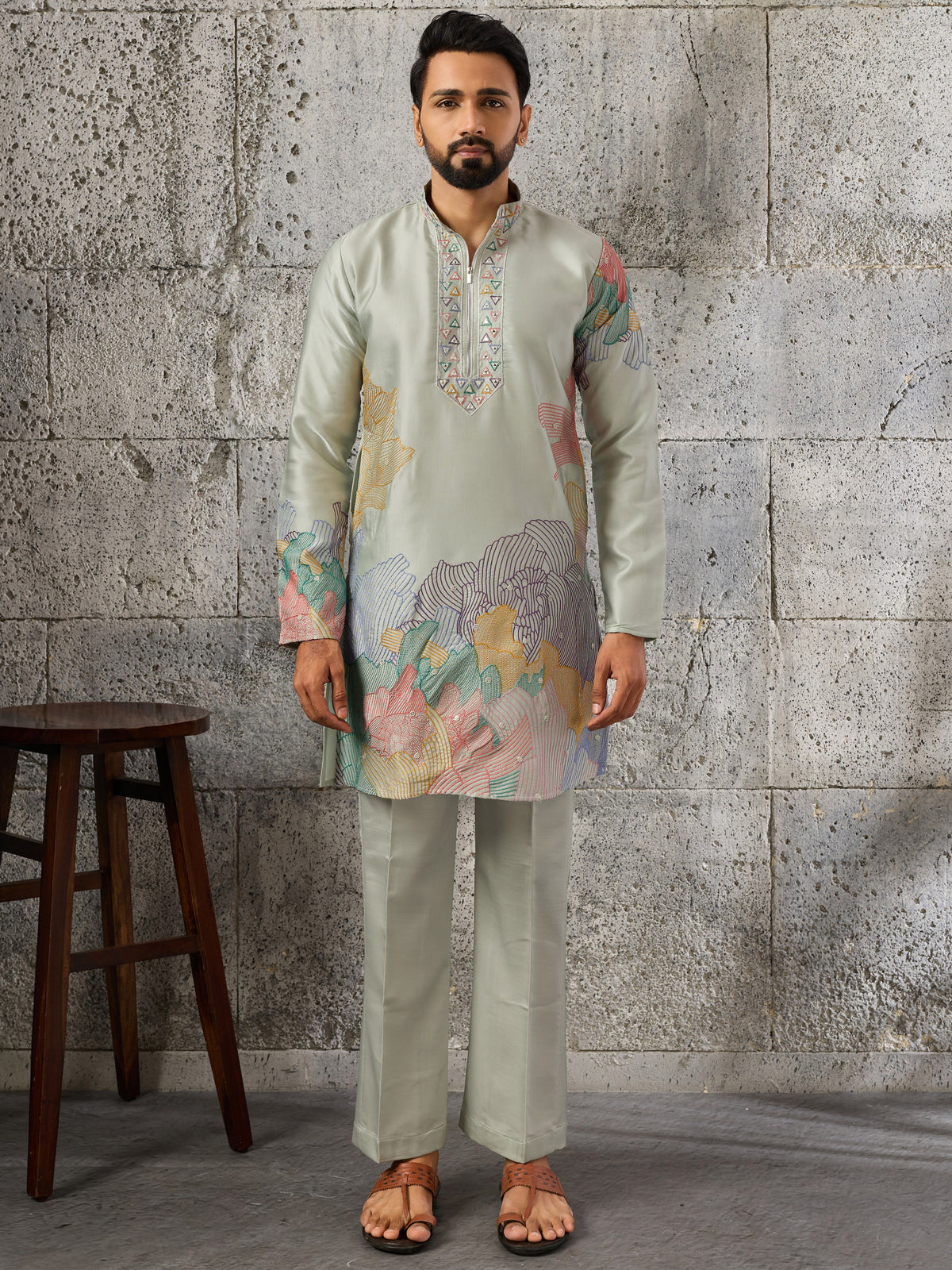 Stunning Pista Green Thread Work Mehendi Wear Men's Kurta With Bottom