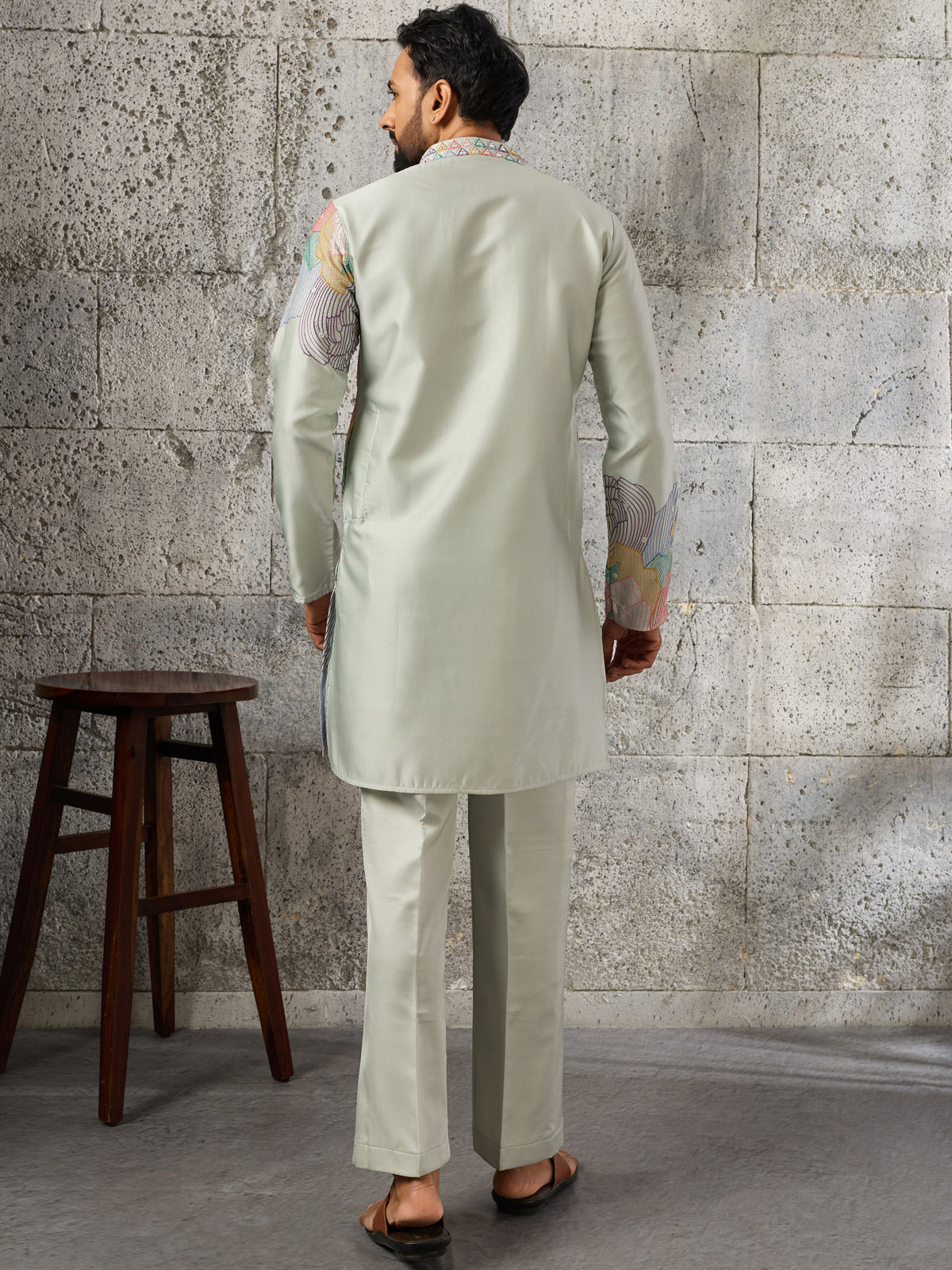 Stunning Pista Green Thread Work Mehendi Wear Men's Kurta With Bottom