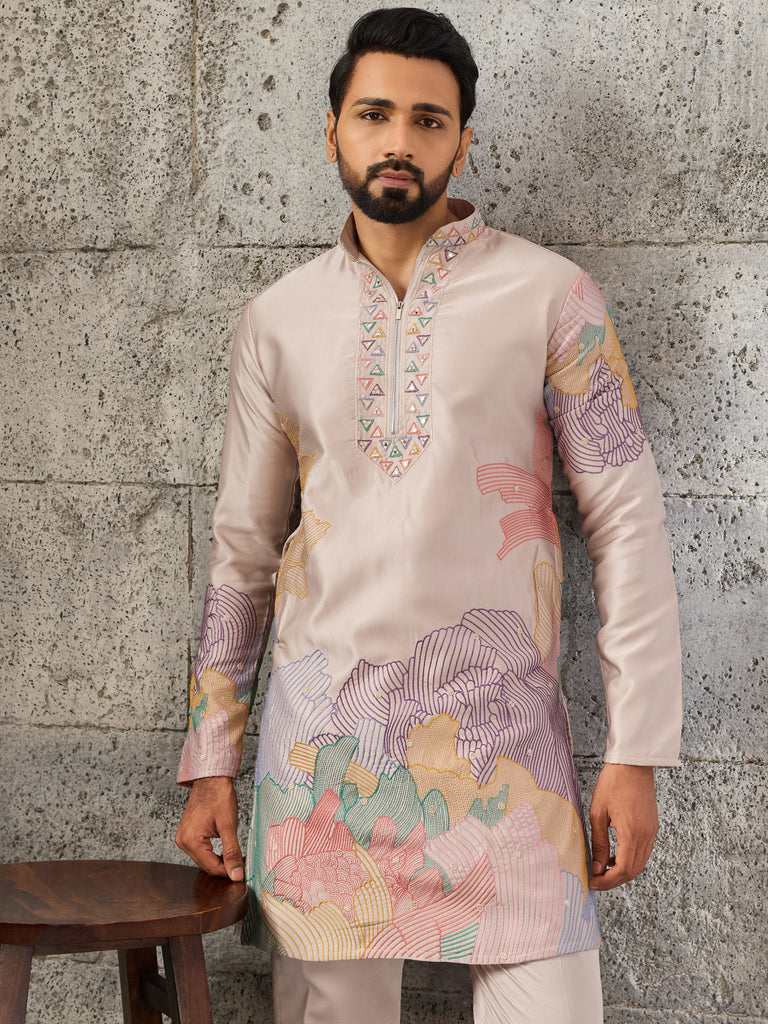 Wonderful Peach Embroidered Viscose Event Wear Men's Kurta With Bottom