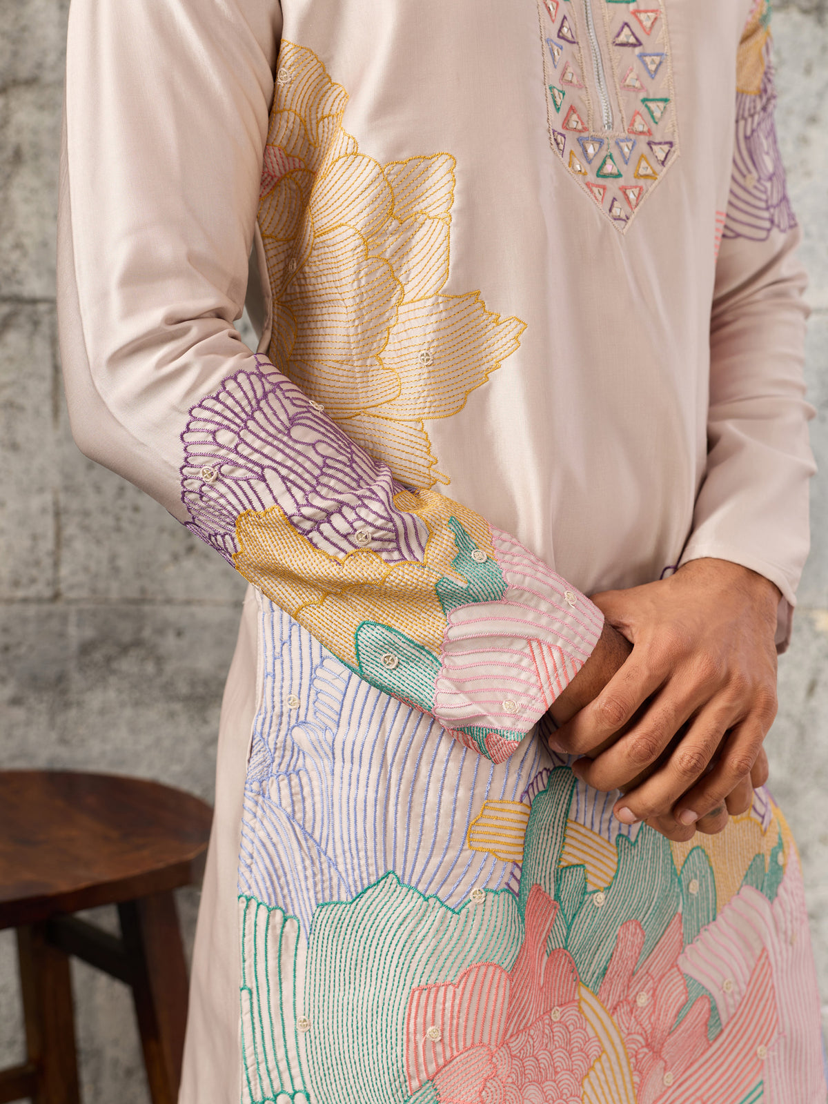 Wonderful Peach Embroidered Viscose Event Wear Men's Kurta With Bottom