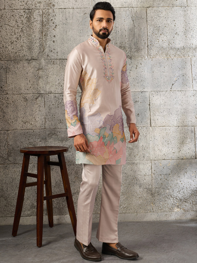Wonderful Peach Embroidered Viscose Event Wear Men's Kurta With Bottom