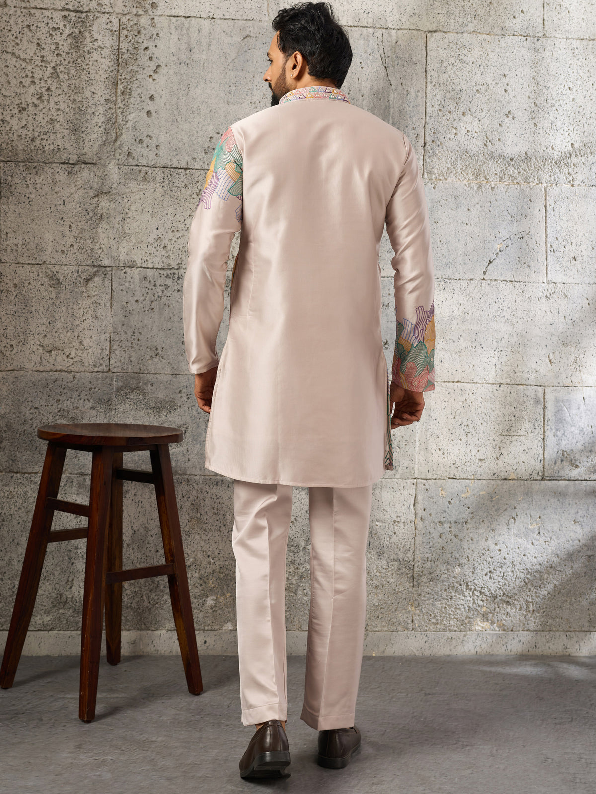 Wonderful Peach Embroidered Viscose Event Wear Men's Kurta With Bottom