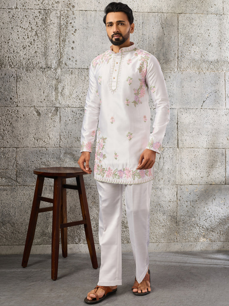 Stunning White Floral Embroidered Viscose Men's Kurta With Bottom