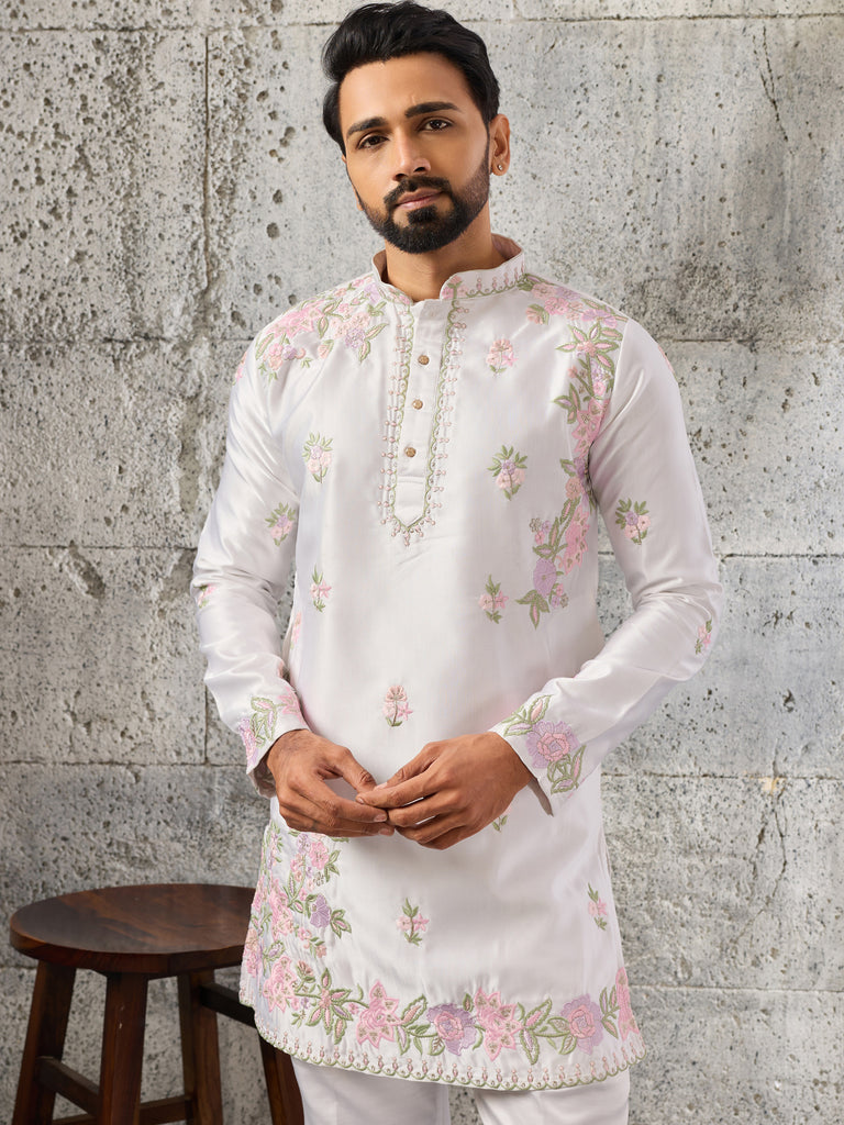 Stunning White Floral Embroidered Viscose Men's Kurta With Bottom
