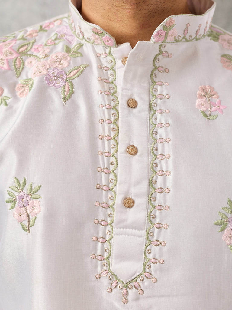 Stunning White Floral Embroidered Viscose Men's Kurta With Bottom
