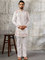 Stunning White Floral Embroidered Viscose Men's Kurta With Bottom