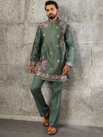 Alluring Olive Green Embroidered Viscose Mehendi Wear Men's Kurta Set