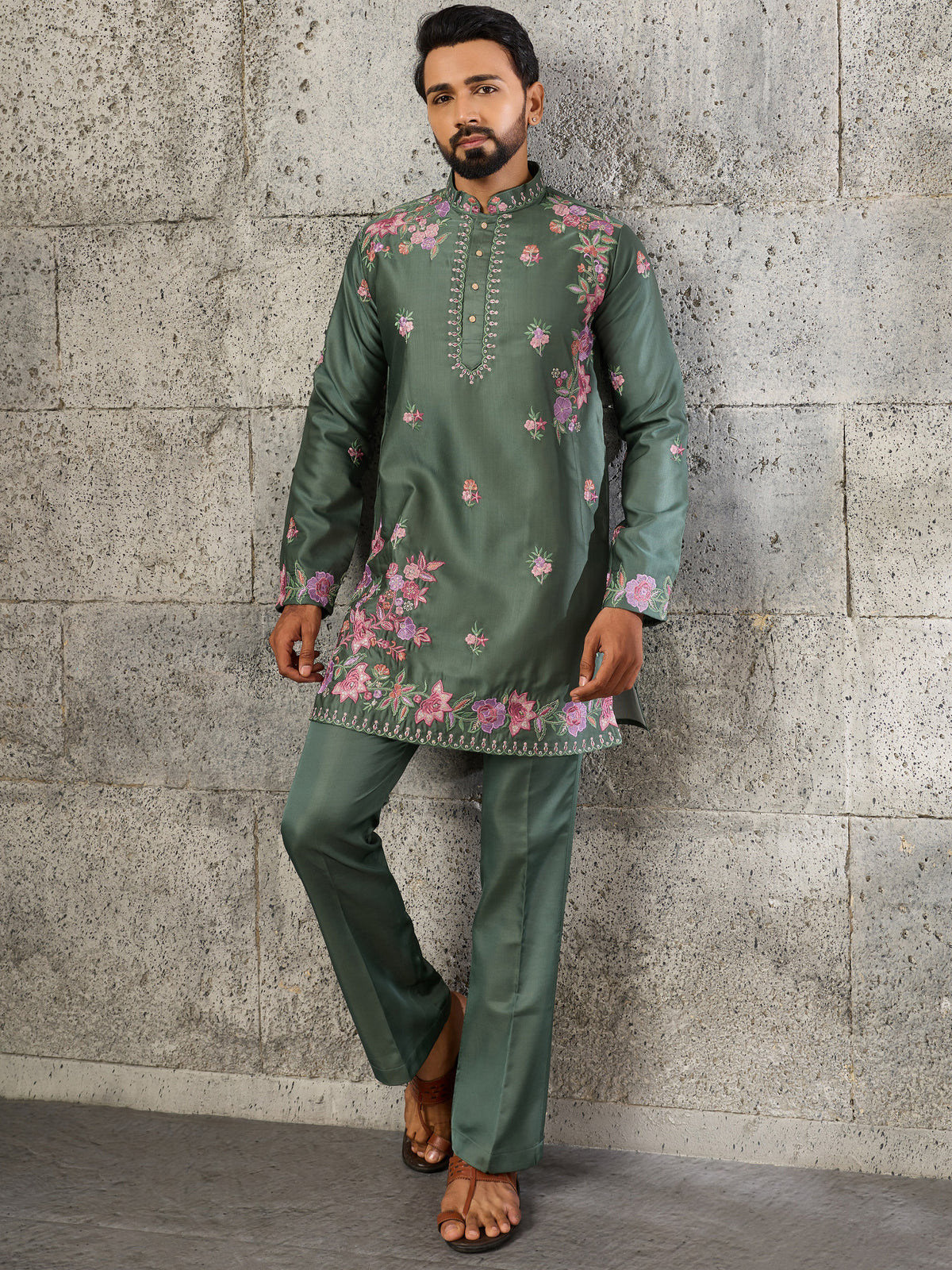 Alluring Olive Green Embroidered Viscose Mehendi Wear Men's Kurta Set
