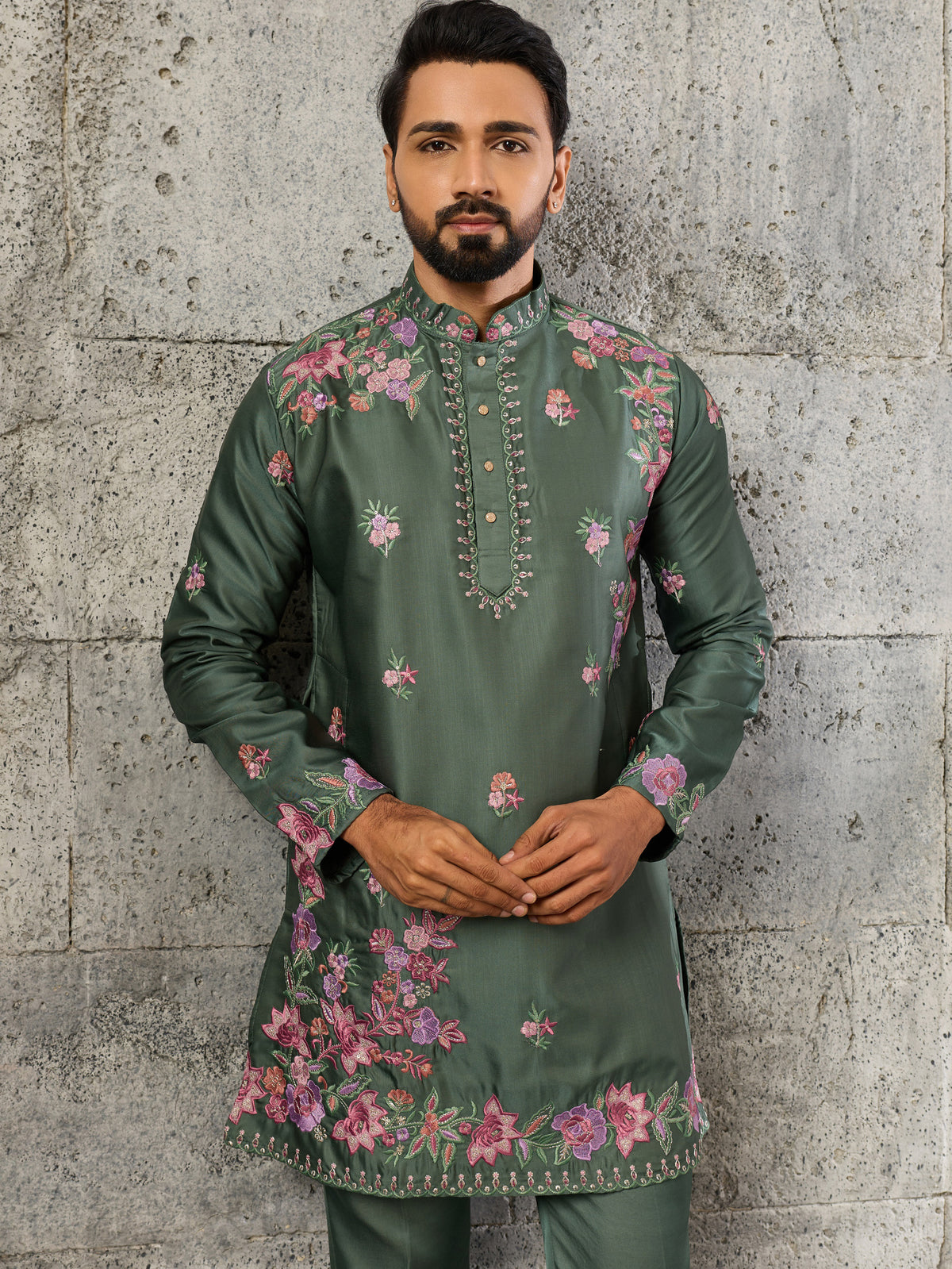 Alluring Olive Green Embroidered Viscose Mehendi Wear Men's Kurta Set