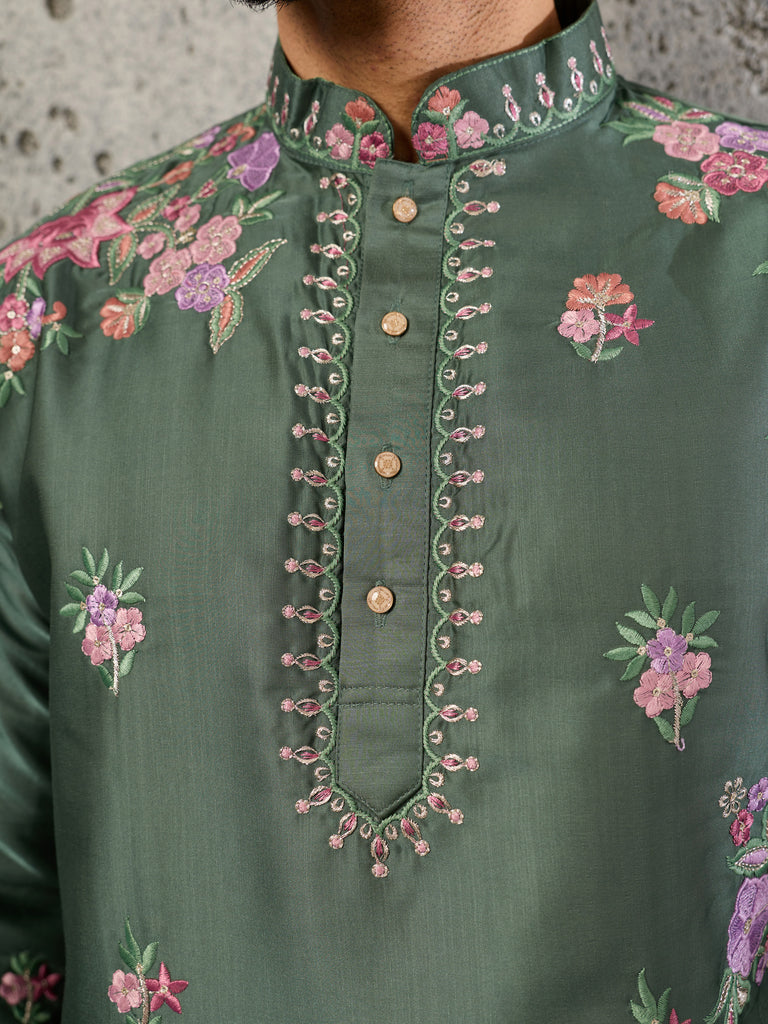 Alluring Olive Green Embroidered Viscose Mehendi Wear Men's Kurta Set