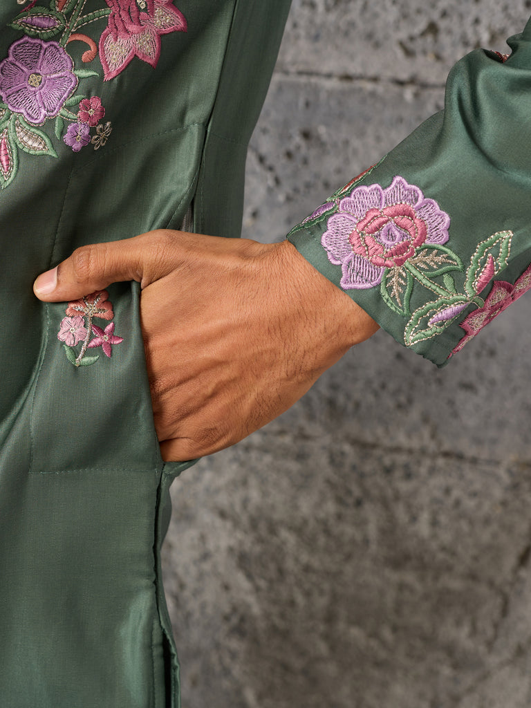 Alluring Olive Green Embroidered Viscose Mehendi Wear Men's Kurta Set