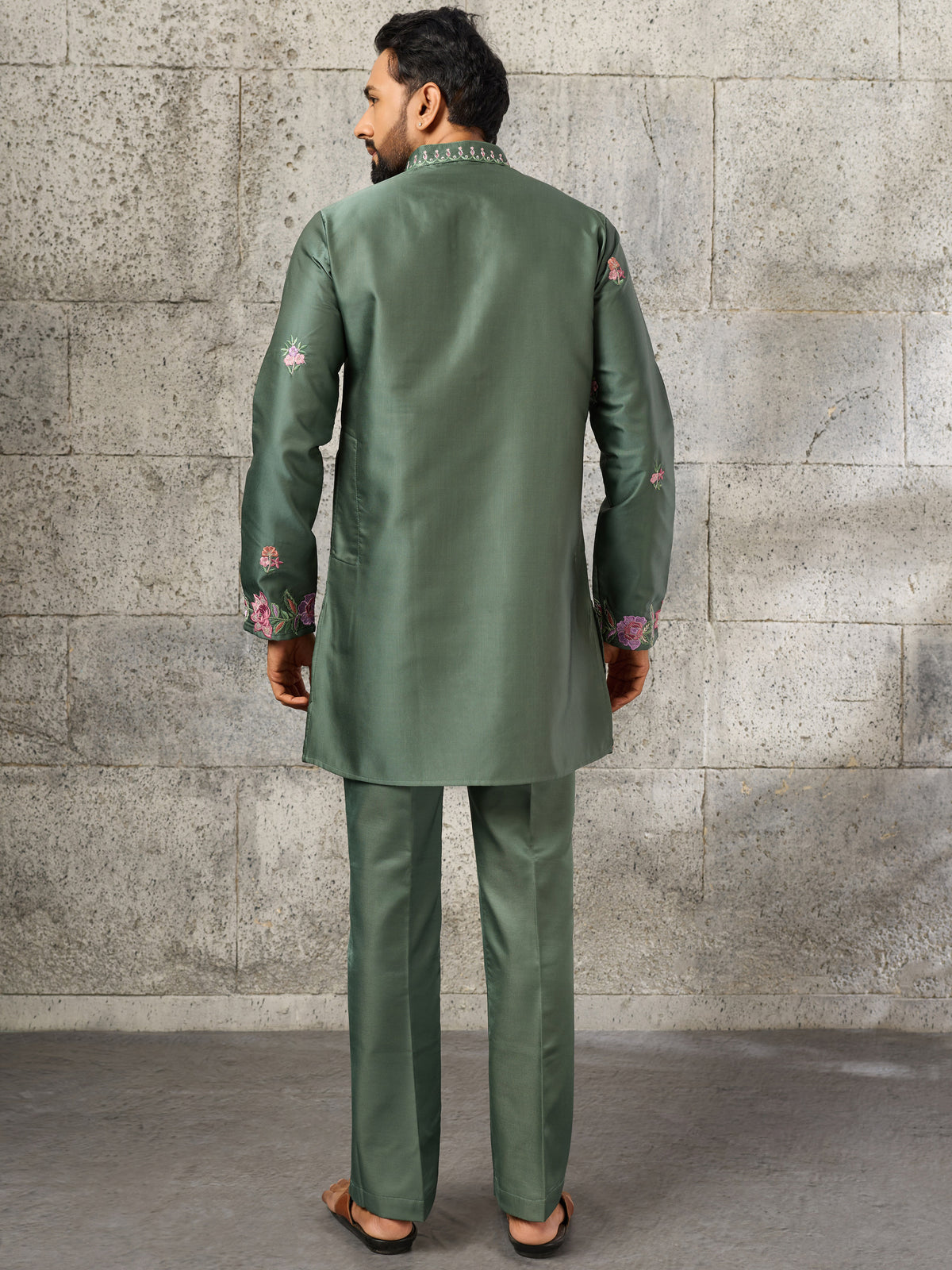 Alluring Olive Green Embroidered Viscose Mehendi Wear Men's Kurta Set