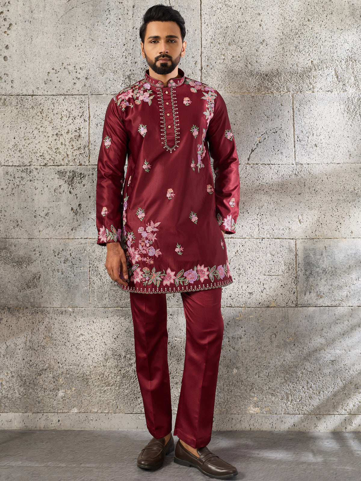 Grand Maroon Thread Work Viscose Reception Wear Men's Kurta Set