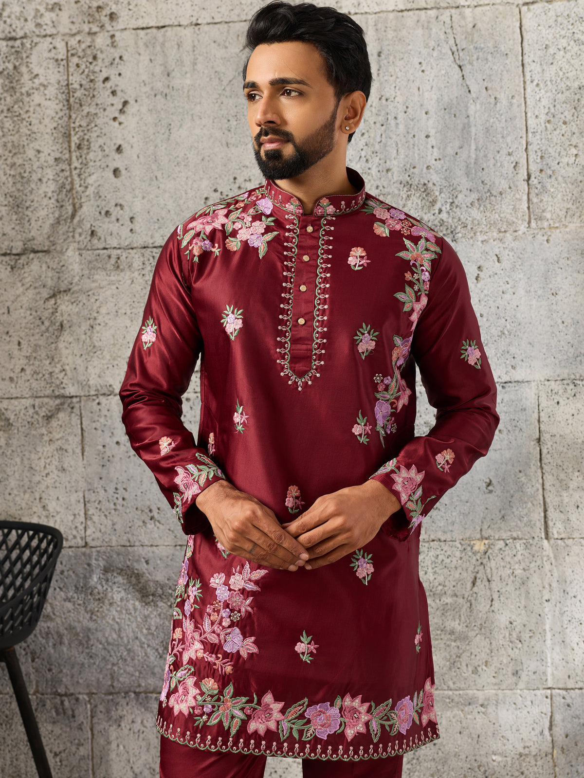 Grand Maroon Thread Work Viscose Reception Wear Men's Kurta Set