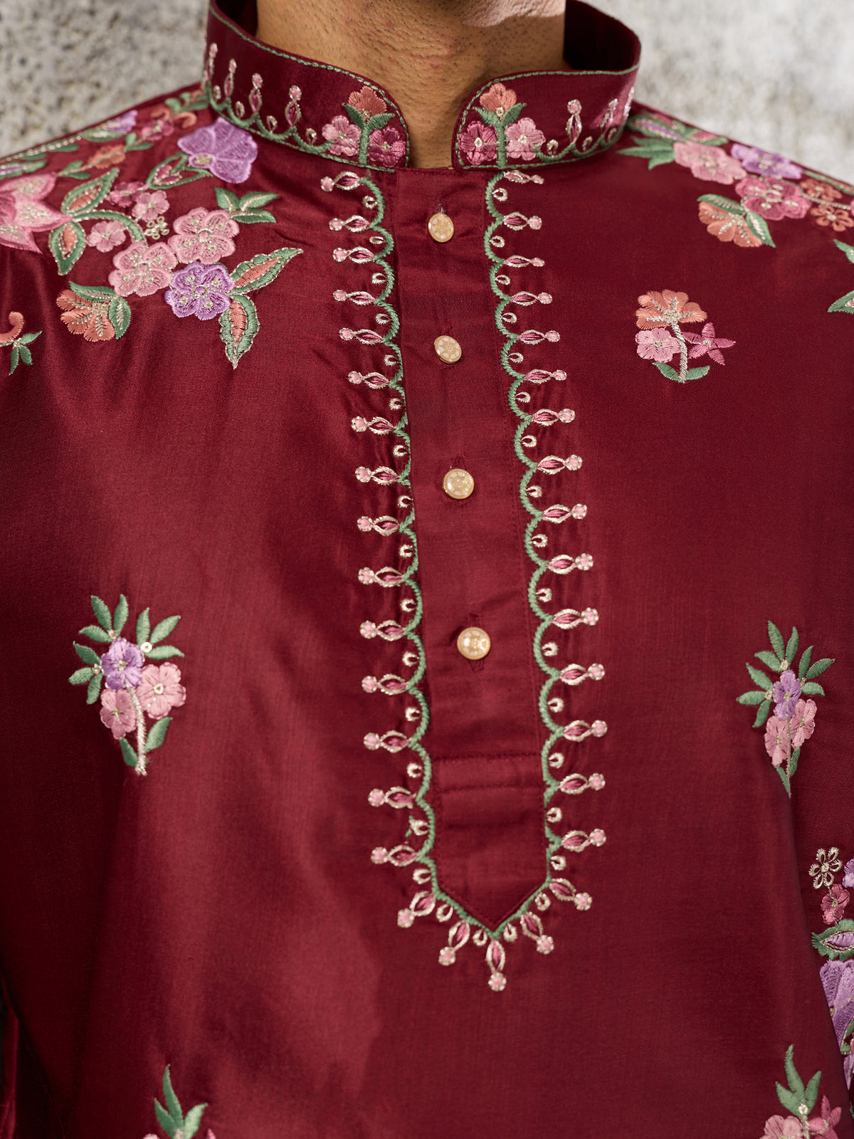 Grand Maroon Thread Work Viscose Reception Wear Men's Kurta Set