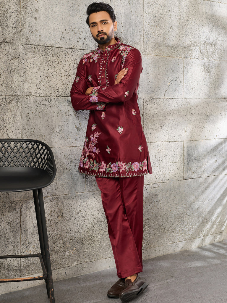 Grand Maroon Thread Work Viscose Reception Wear Men's Kurta Set