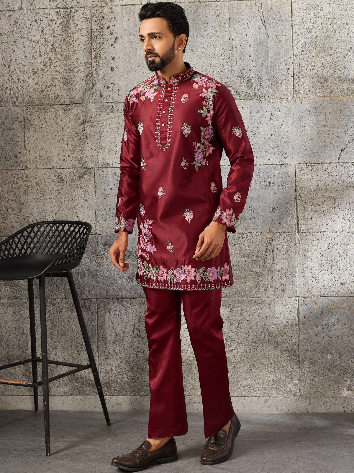 Grand Maroon Thread Work Viscose Reception Wear Men's Kurta Set