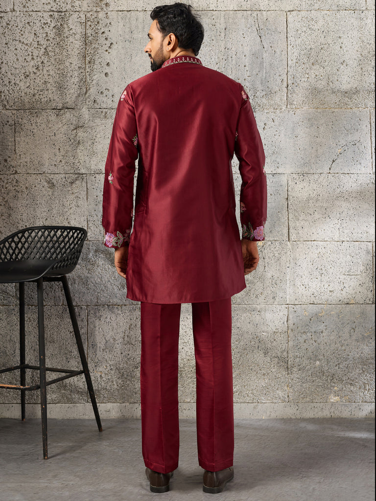 Grand Maroon Thread Work Viscose Reception Wear Men's Kurta Set