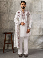 Rich White Floral Embroidery Wedding Wear Men's Kurta Set With Dupatta