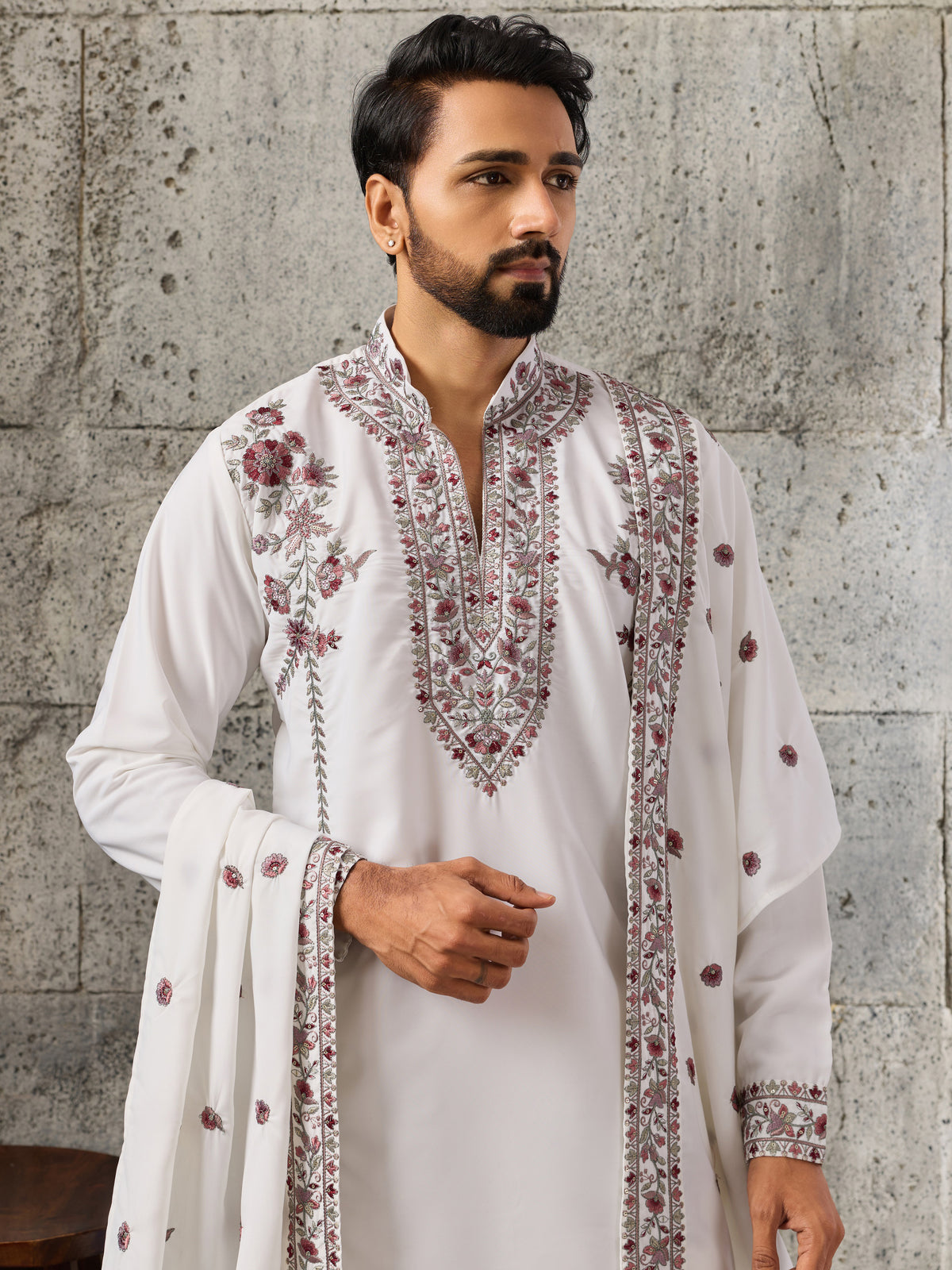 Rich White Floral Embroidery Wedding Wear Men's Kurta Set With Dupatta