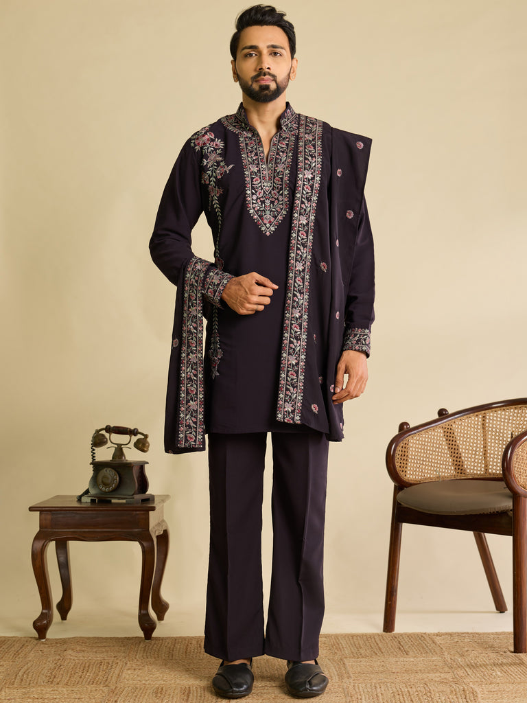 Awesome Wine Sequins Silk Engagement Wear Men's Kurta Set With Dupatta